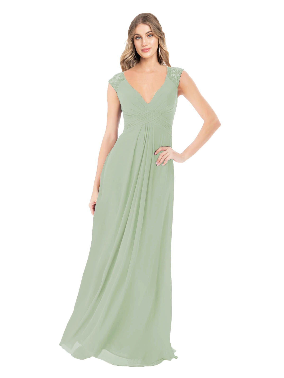 Smoke Green A-Line V-Neck Cap Sleeves Long Bridesmaid Dress Layne