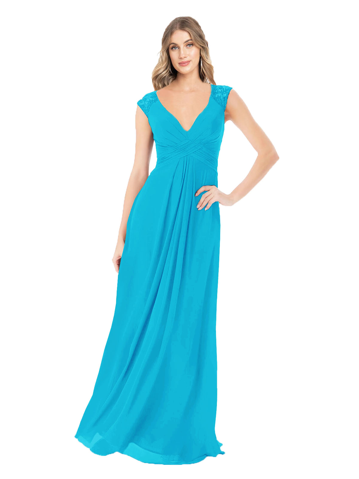 Turquoise A-Line V-Neck Cap Sleeves Long Bridesmaid Dress Layne