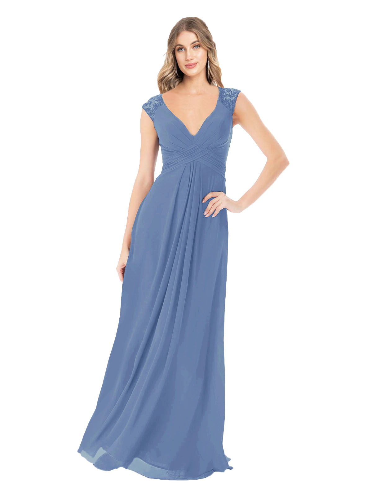 Windsor Blue A-Line V-Neck Cap Sleeves Long Bridesmaid Dress Layne