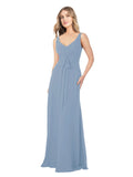 Dusty Blue A-Line V-Neck Sleeveless Long Bridesmaid Dress Dina