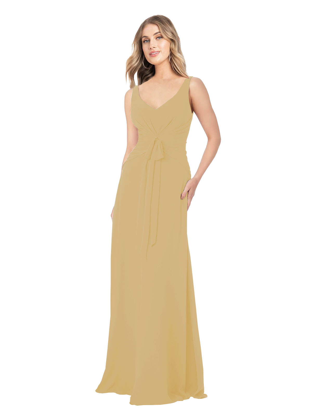 Gold A-Line V-Neck Sleeveless Long Bridesmaid Dress Dina