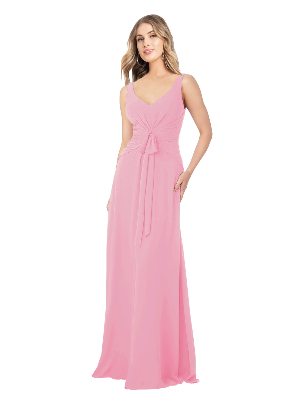 Hot Pink A-Line V-Neck Sleeveless Long Bridesmaid Dress Dina