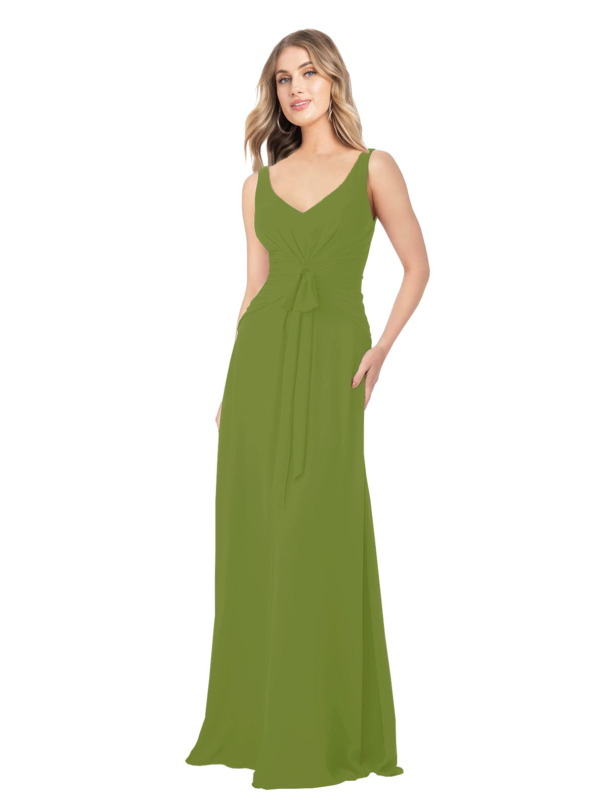Olive Green A-Line V-Neck Sleeveless Long Bridesmaid Dress Dina