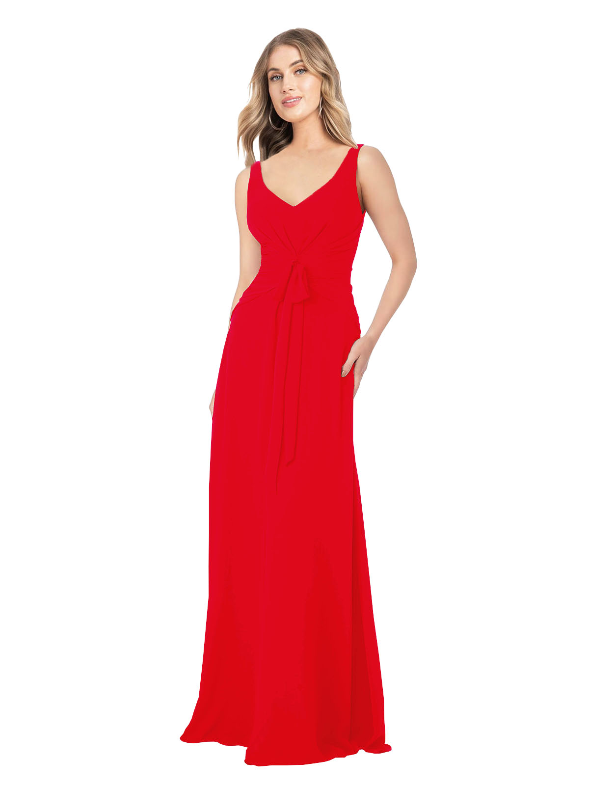 Red A-Line V-Neck Sleeveless Long Bridesmaid Dress Dina