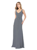 Slate Grey A-Line V-Neck Sleeveless Long Bridesmaid Dress Dina