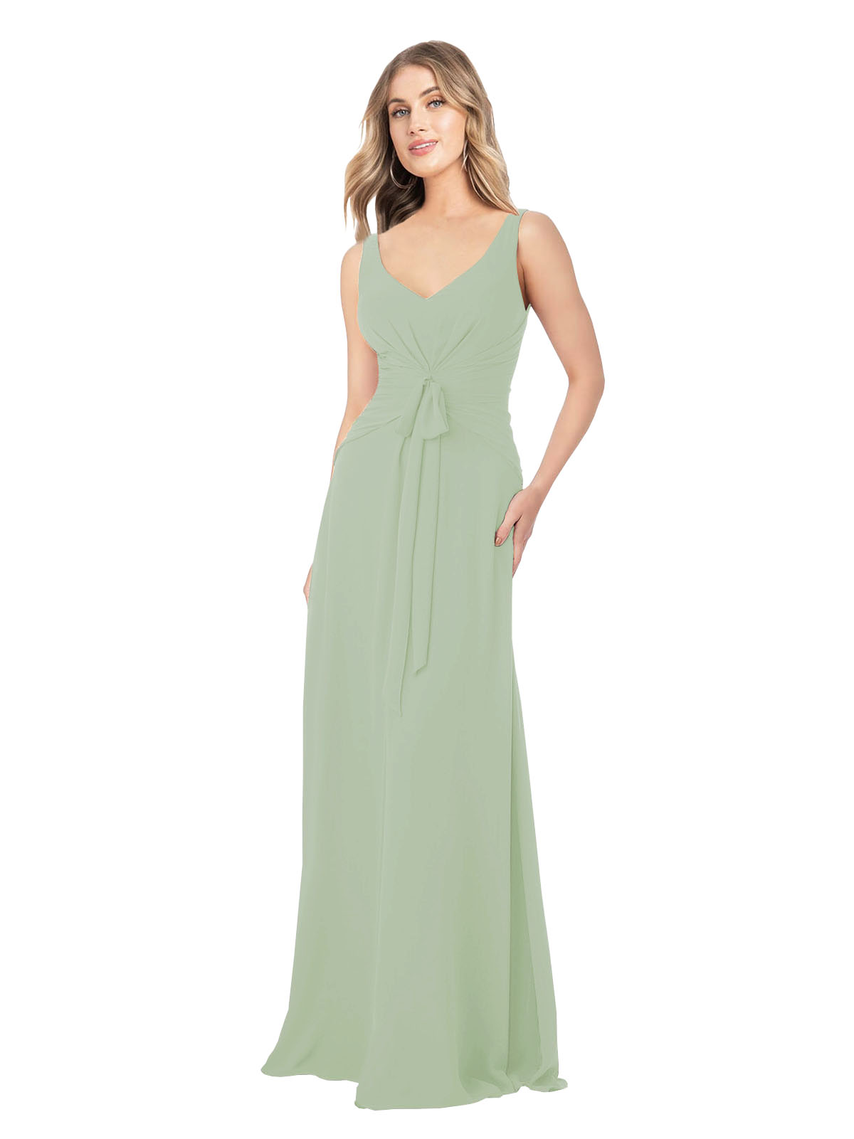 Smoke Green A-Line V-Neck Sleeveless Long Bridesmaid Dress Dina