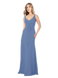 Windsor Blue A-Line V-Neck Sleeveless Long Bridesmaid Dress Dina