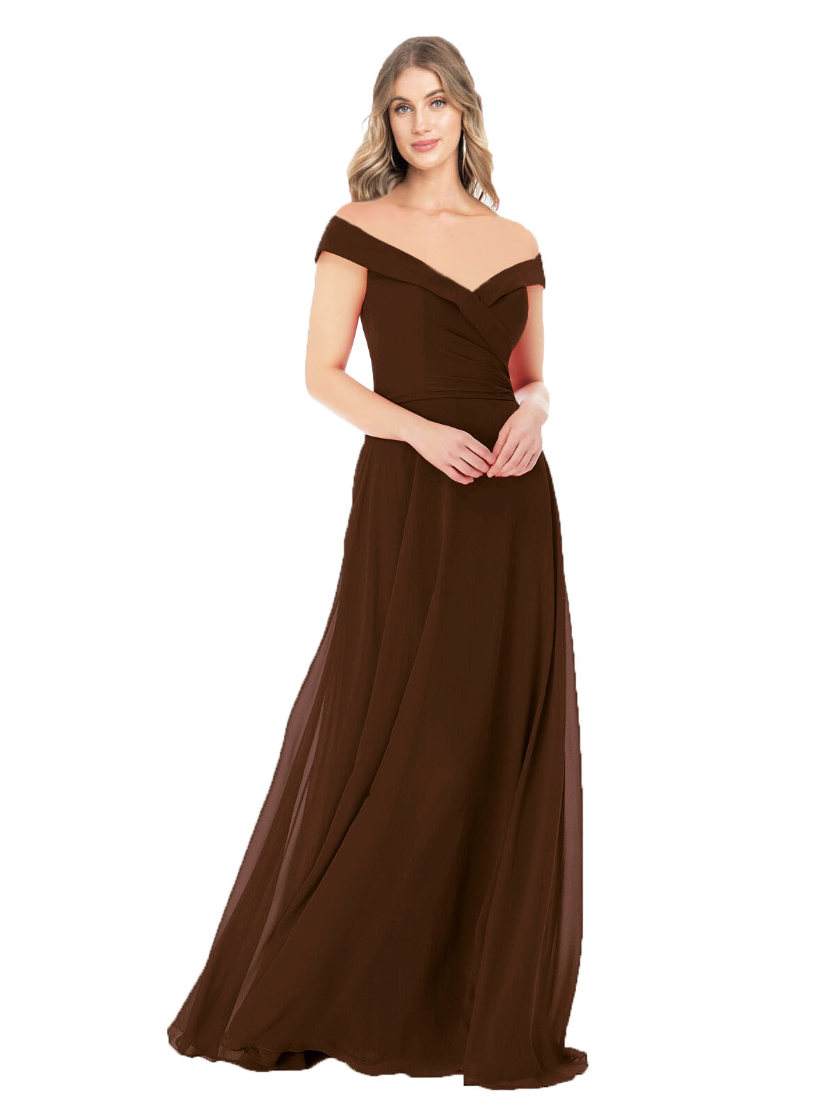 Chocolate A-Line Off the Shoulder Sleeveless Long Bridesmaid Dress Alva