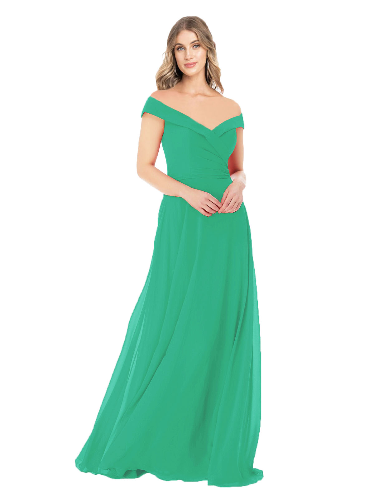 Emerald Green A-Line Off the Shoulder Sleeveless Long Bridesmaid Dress Alva