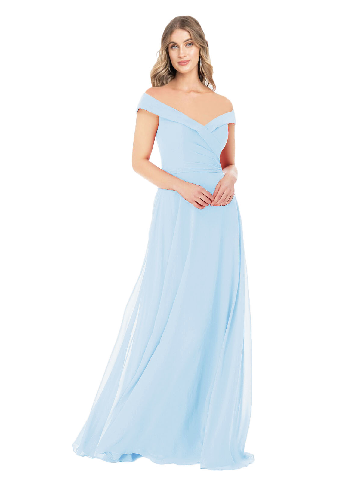 Light Sky Blue A-Line Off the Shoulder Sleeveless Long Bridesmaid Dress Alva