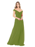 Olive Green A-Line Off the Shoulder Sleeveless Long Bridesmaid Dress Alva