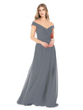 Slate Grey A-Line Off the Shoulder Sleeveless Long Bridesmaid Dress Alva