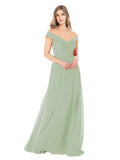 Smoke Green A-Line Off the Shoulder Sleeveless Long Bridesmaid Dress Alva