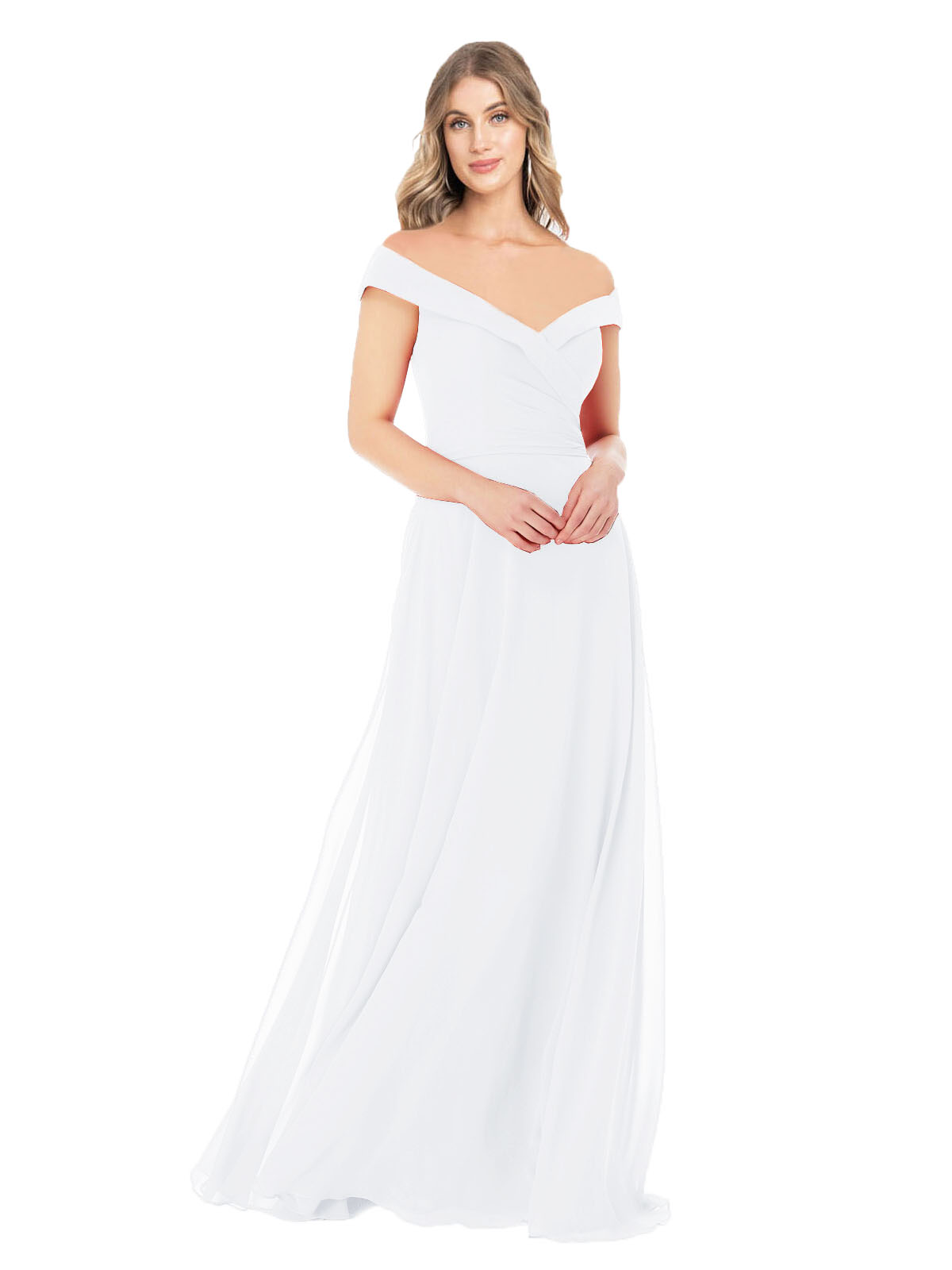 White A-Line Off the Shoulder Sleeveless Long Bridesmaid Dress Alva
