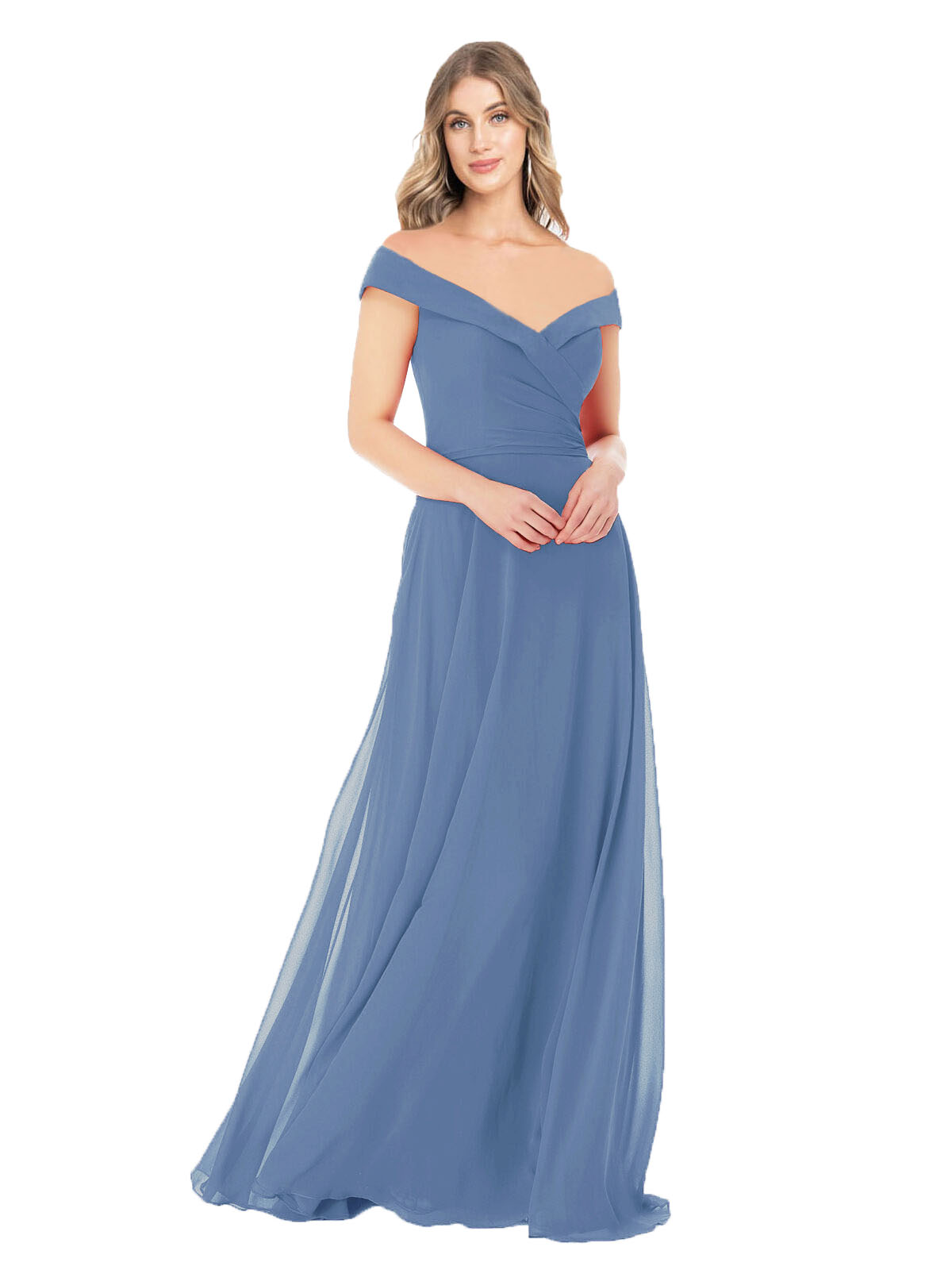 Windsor Blue A-Line Off the Shoulder Sleeveless Long Bridesmaid Dress Alva