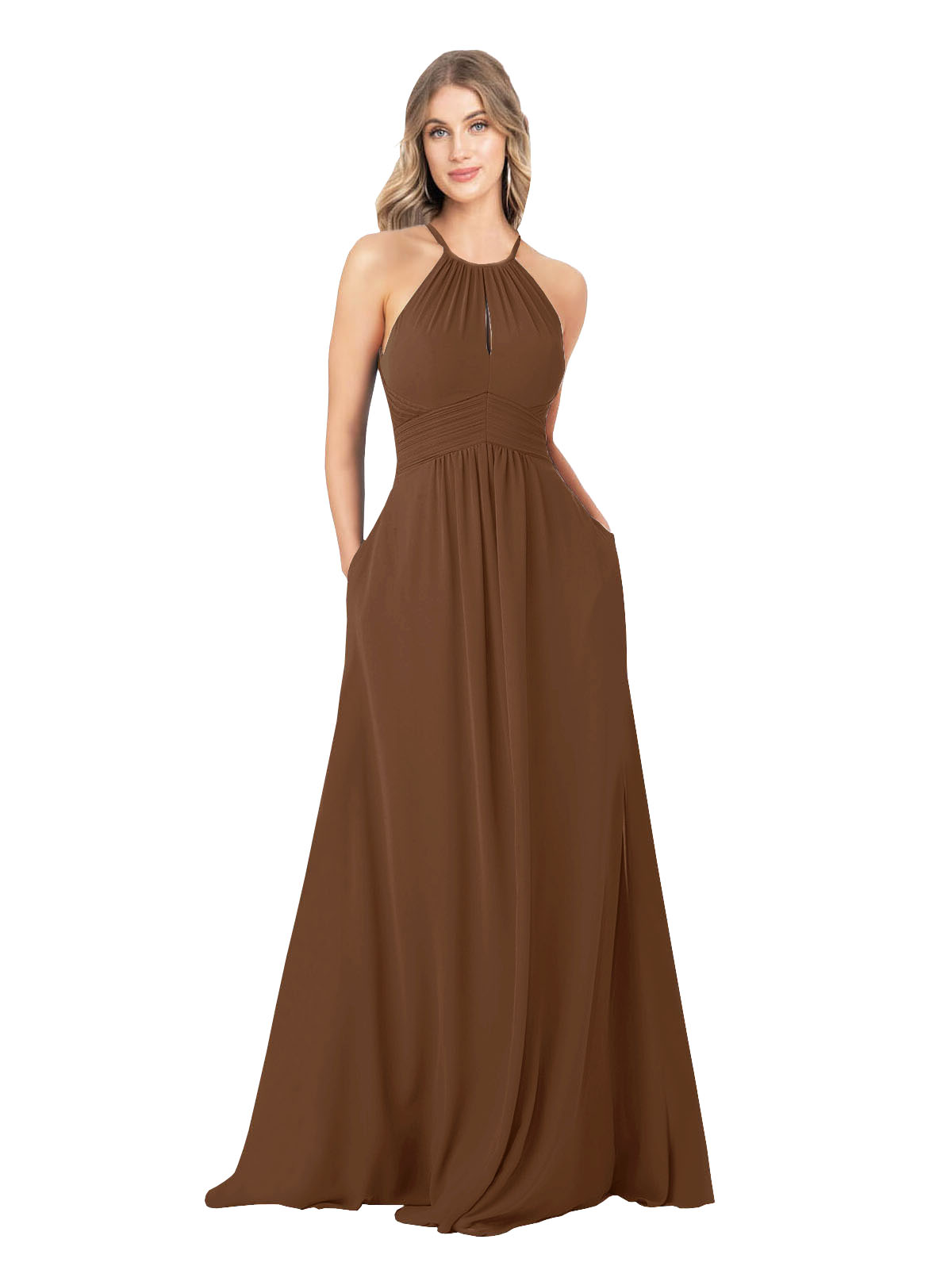 Brown A-Line High Neck Sleeveless Long Bridesmaid Dress Cassiopeia