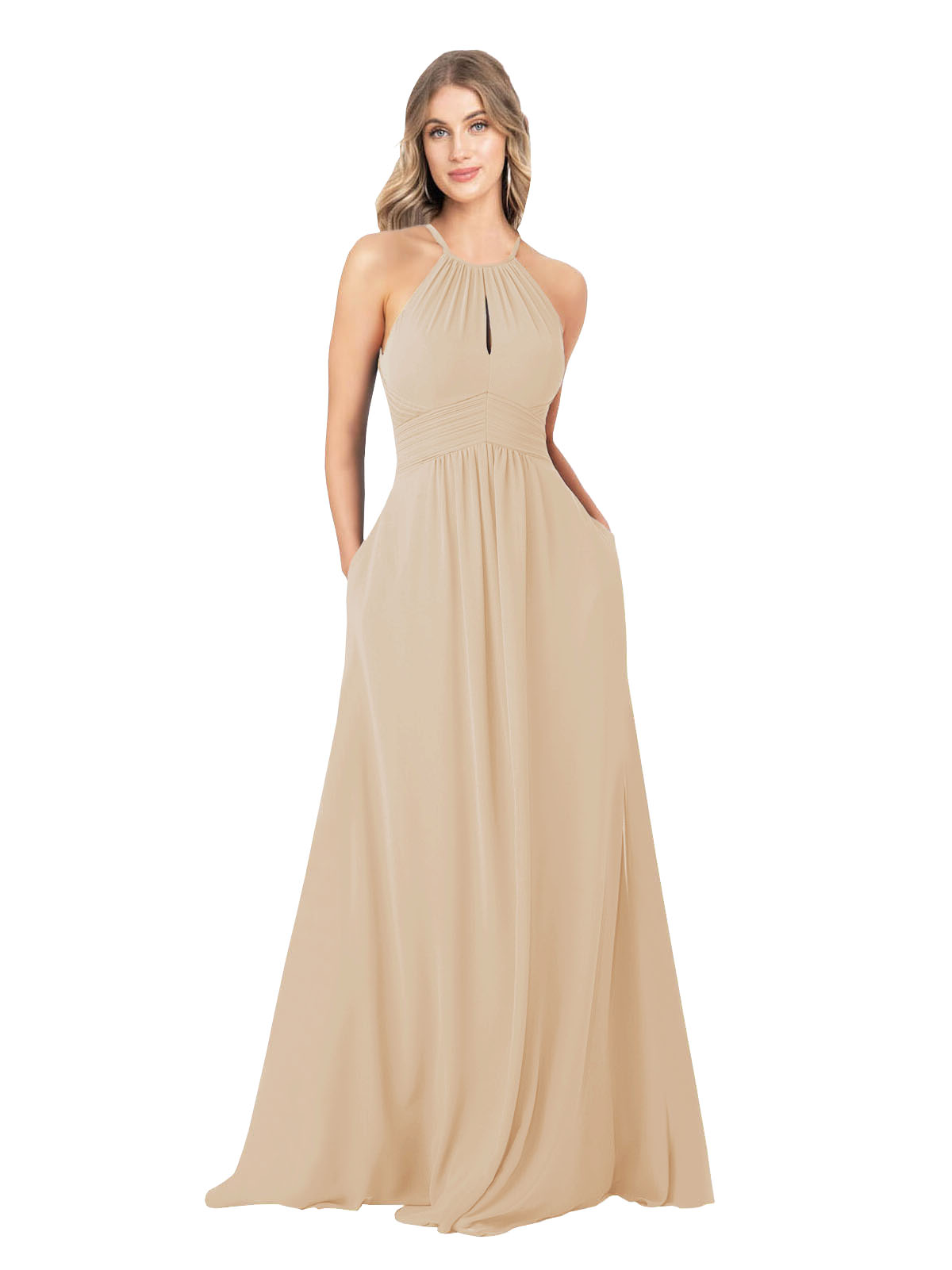Champagne A-Line High Neck Sleeveless Long Bridesmaid Dress Cassiopeia