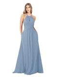 Dusty Blue A-Line High Neck Sleeveless Long Bridesmaid Dress Cassiopeia