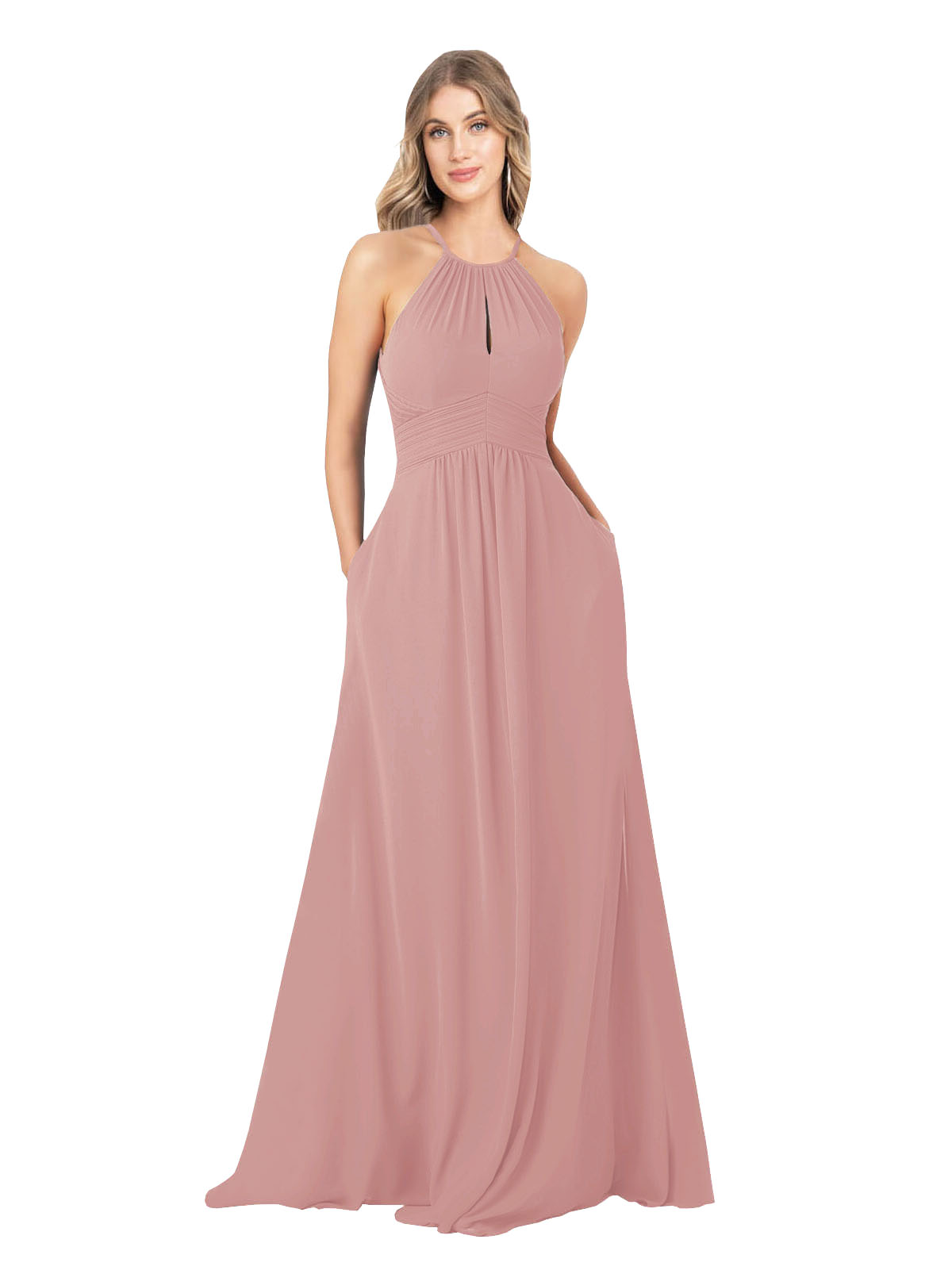 Dusty Pink A-Line High Neck Sleeveless Long Bridesmaid Dress Cassiopeia