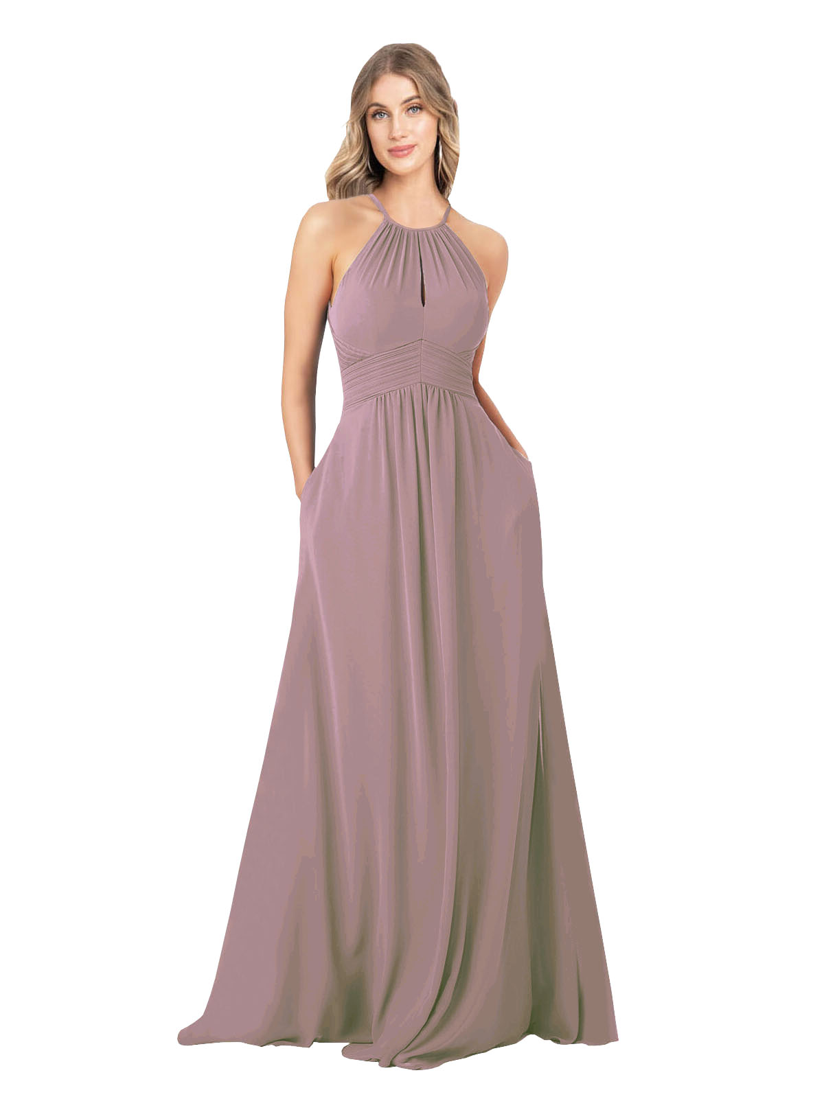 Dusty Rose A-Line High Neck Sleeveless Long Bridesmaid Dress Cassiopeia