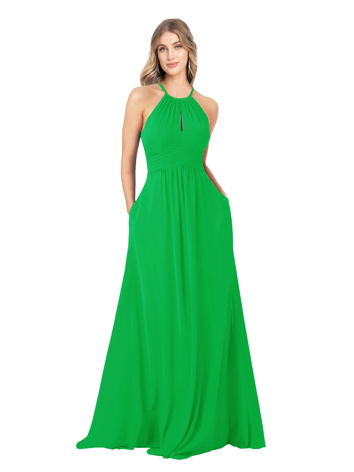 Green A-Line High Neck Sleeveless Long Bridesmaid Dress Cassiopeia