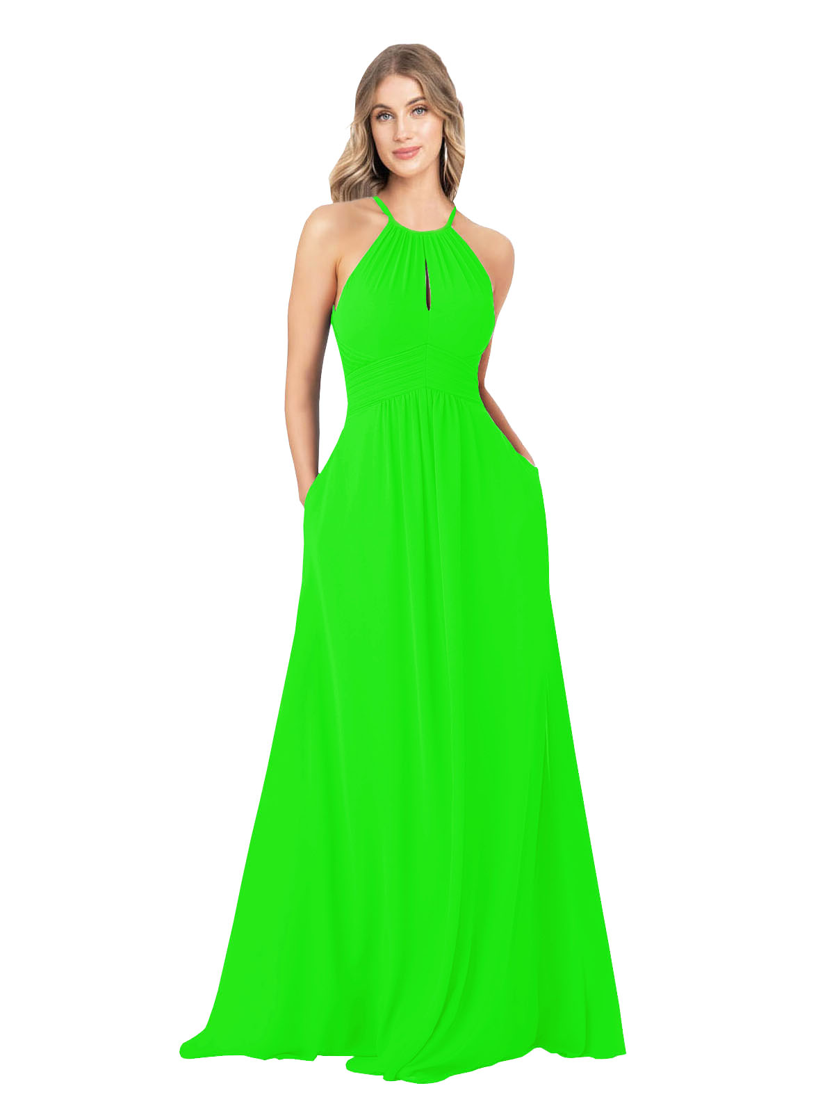 Lime Green A-Line High Neck Sleeveless Long Bridesmaid Dress Cassiopeia