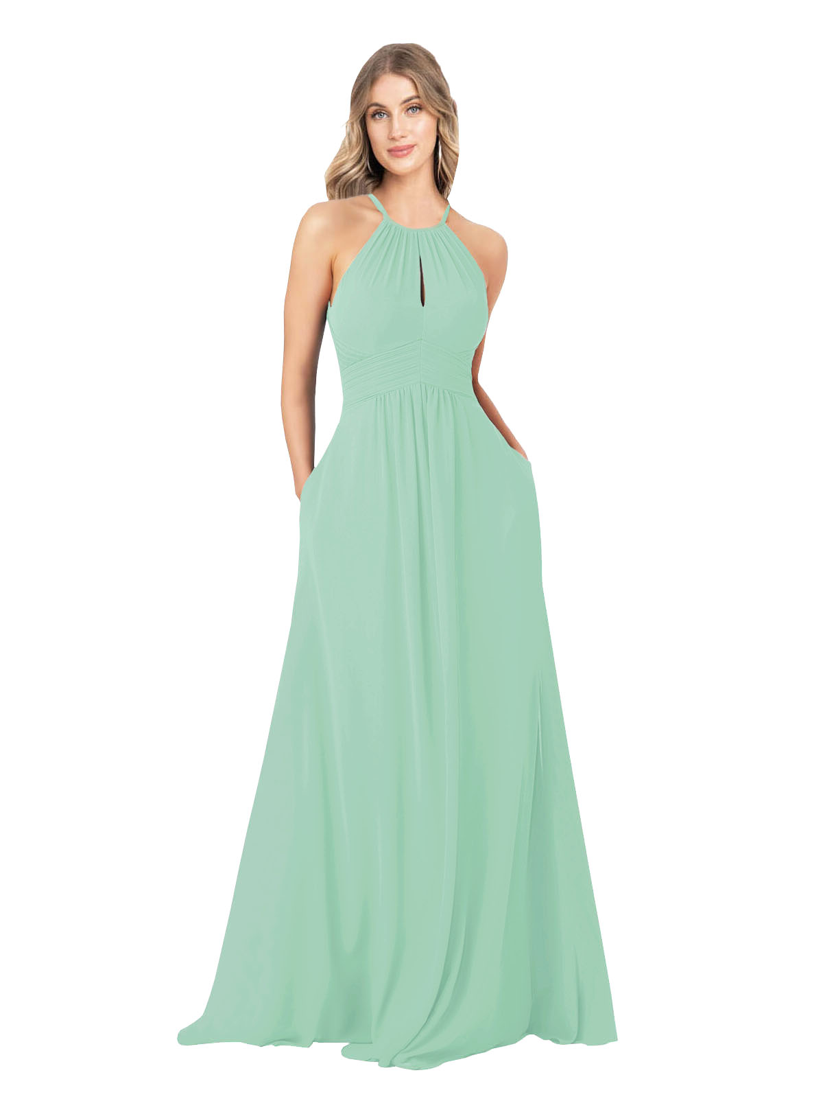 Mint Green A-Line High Neck Sleeveless Long Bridesmaid Dress Cassiopeia