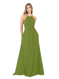 Olive Green A-Line High Neck Sleeveless Long Bridesmaid Dress Cassiopeia