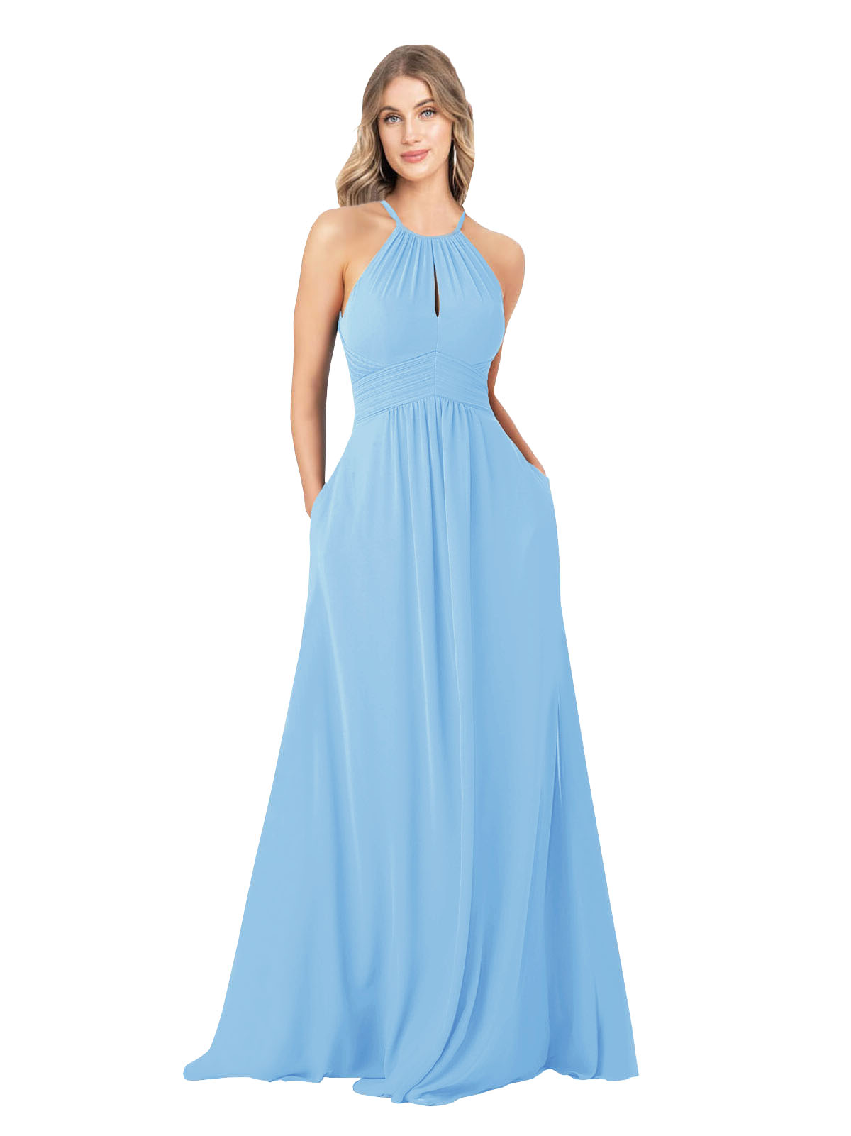 Periwinkle A-Line High Neck Sleeveless Long Bridesmaid Dress Cassiopeia