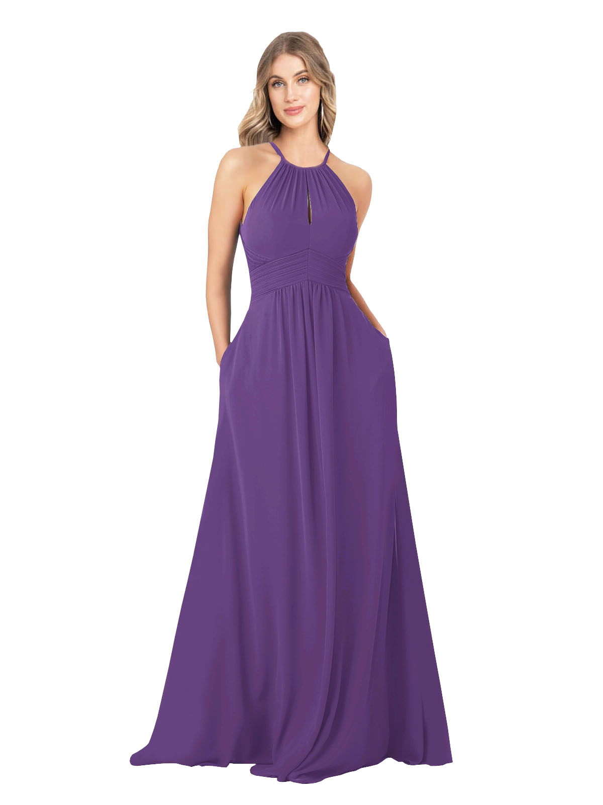Plum Purple A-Line High Neck Sleeveless Long Bridesmaid Dress Cassiopeia