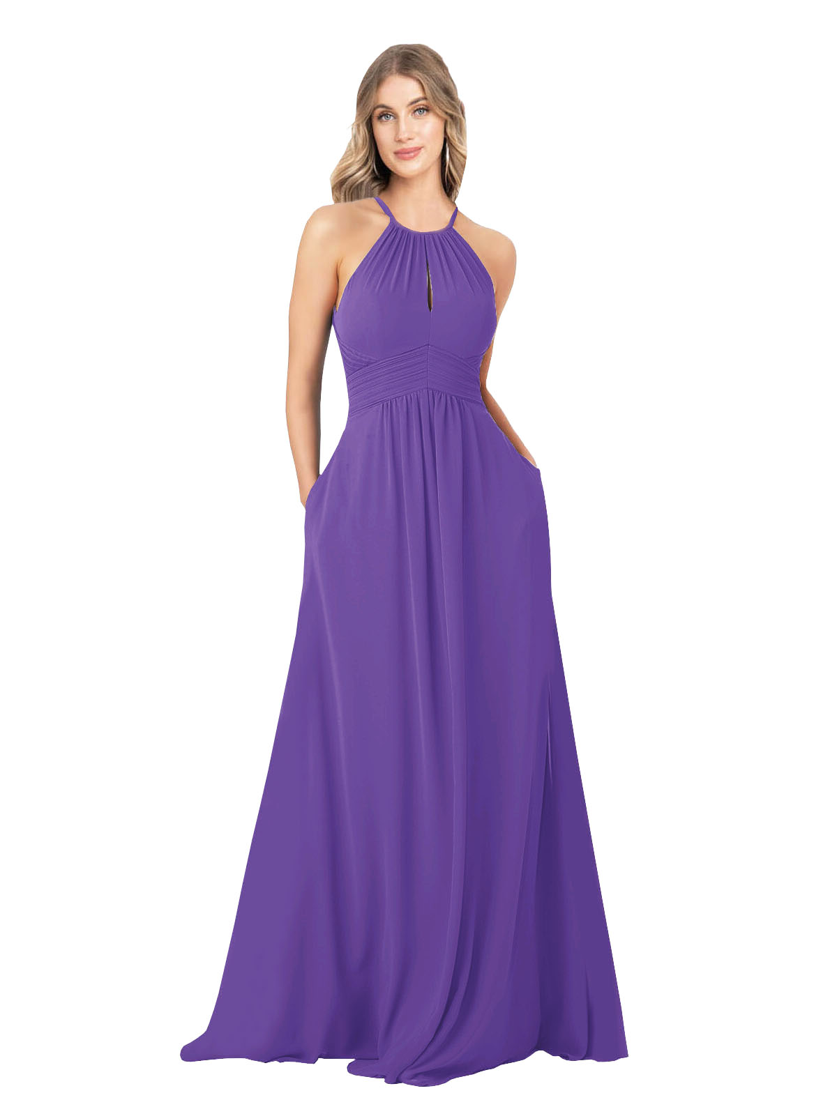 Purple A-Line High Neck Sleeveless Long Bridesmaid Dress Cassiopeia