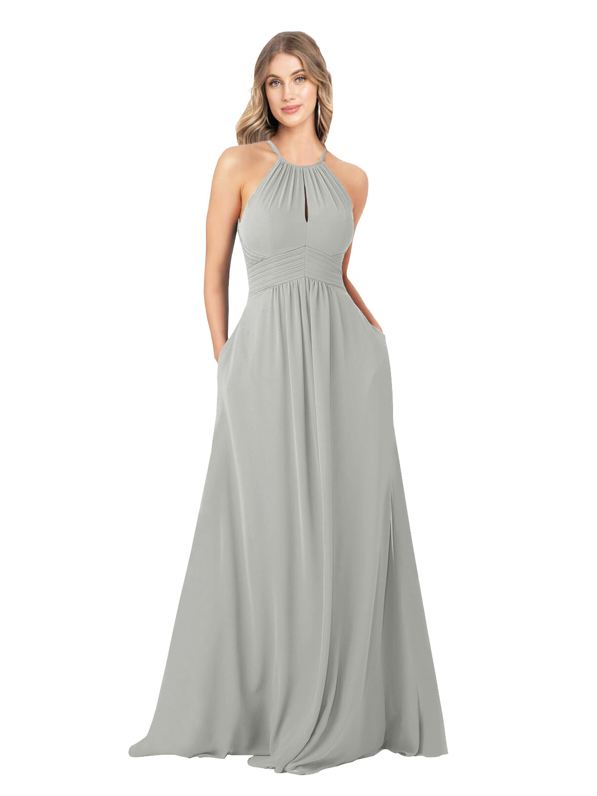 Silver A-Line High Neck Sleeveless Long Bridesmaid Dress Cassiopeia