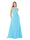 Sky Blue A-Line High Neck Sleeveless Long Bridesmaid Dress Cassiopeia