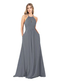 Slate Grey A-Line High Neck Sleeveless Long Bridesmaid Dress Cassiopeia