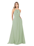 Smoke Green A-Line High Neck Sleeveless Long Bridesmaid Dress Cassiopeia