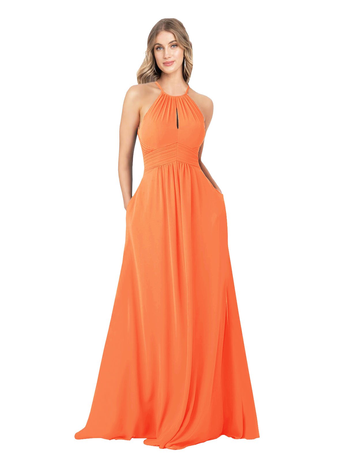 Tangerine Tango A-Line High Neck Sleeveless Long Bridesmaid Dress Cassiopeia