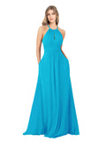 Turquoise A-Line High Neck Sleeveless Long Bridesmaid Dress Cassiopeia