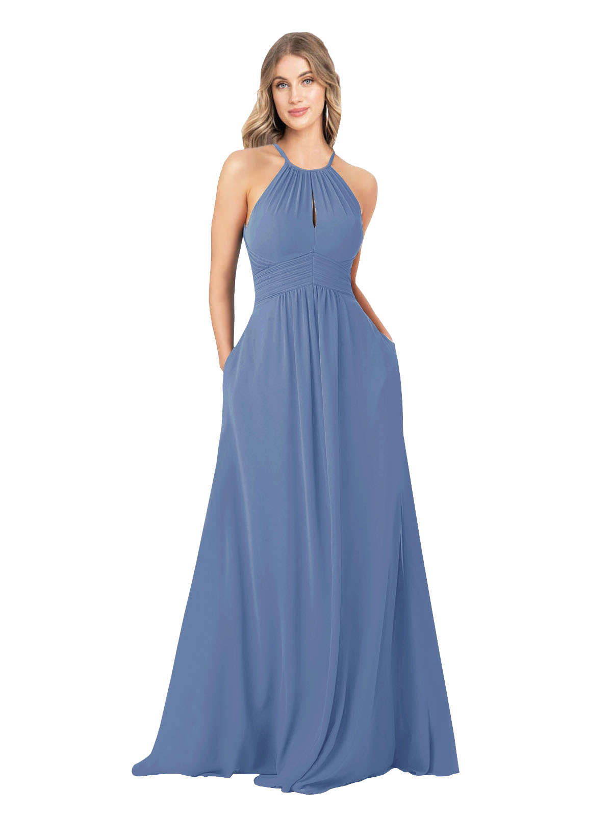 Windsor Blue A-Line High Neck Sleeveless Long Bridesmaid Dress Cassiopeia