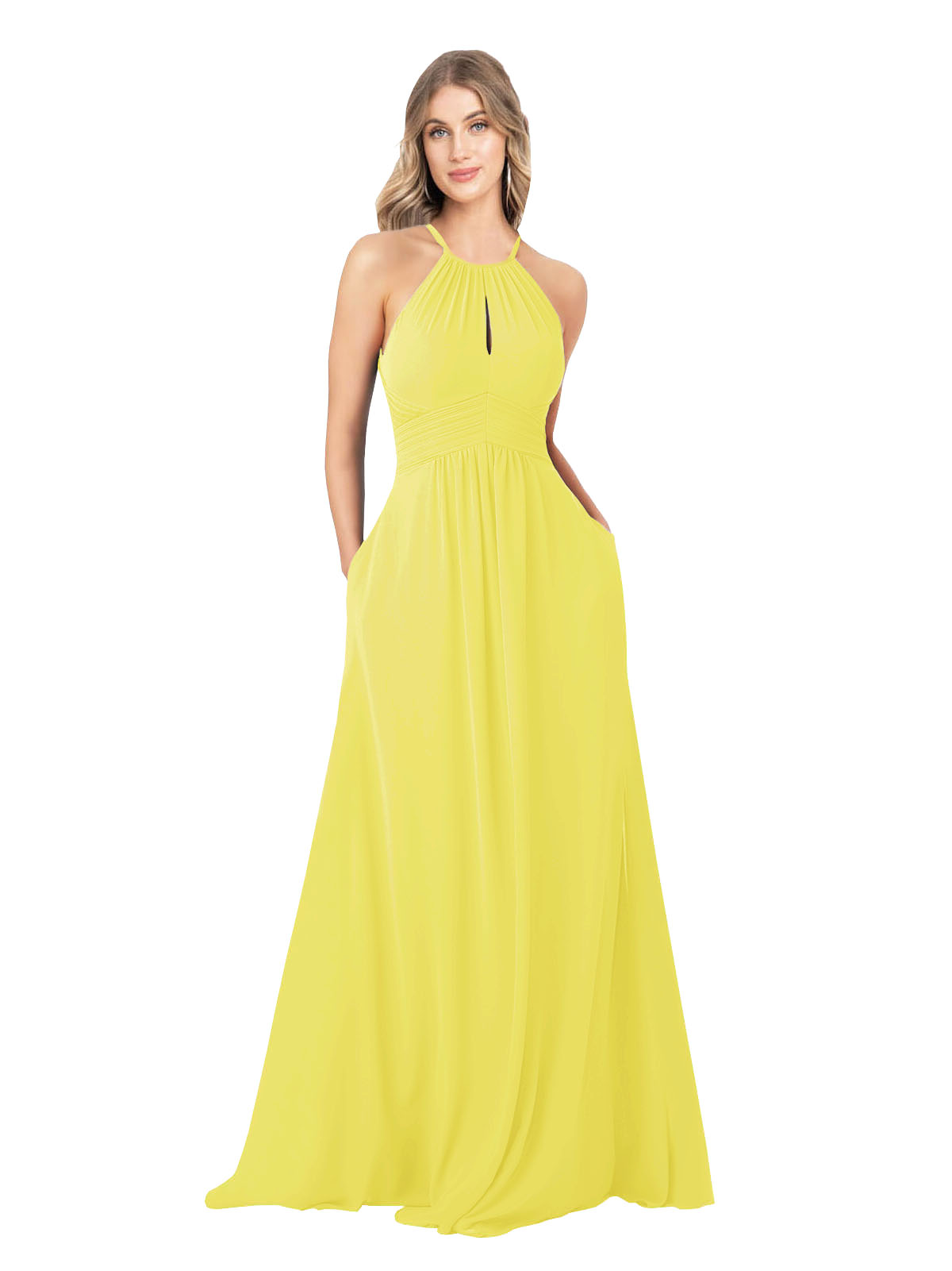 Yellow A-Line High Neck Sleeveless Long Bridesmaid Dress Cassiopeia
