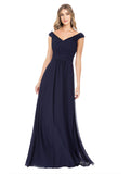 Dark Navy A-Line Off the Shoulder Sleeveless Long Bridesmaid Dress Constance