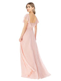 Pink A-Line Square Cap Sleeves Long Bridesmaid Dress Dione