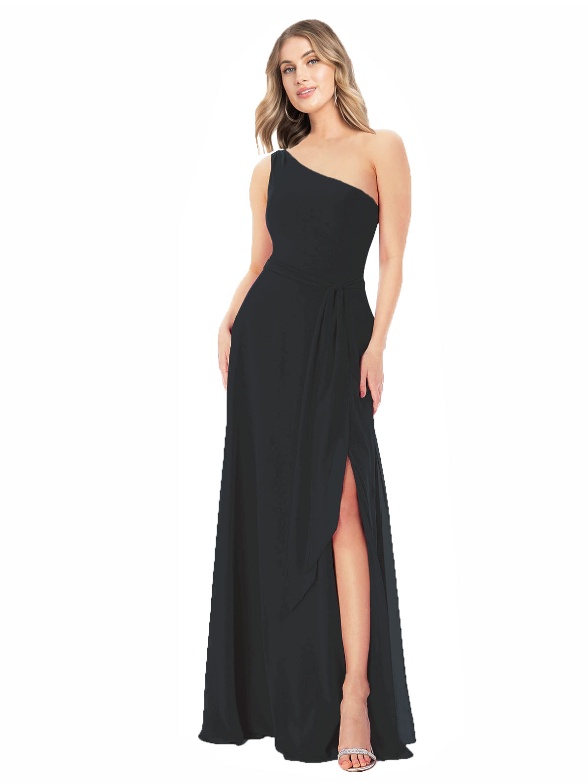 Black A-Line One Shoulder Sleeveless Long Bridesmaid Dress Doris