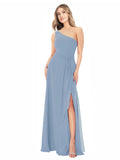 Dusty Blue A-Line One Shoulder Sleeveless Long Bridesmaid Dress Doris