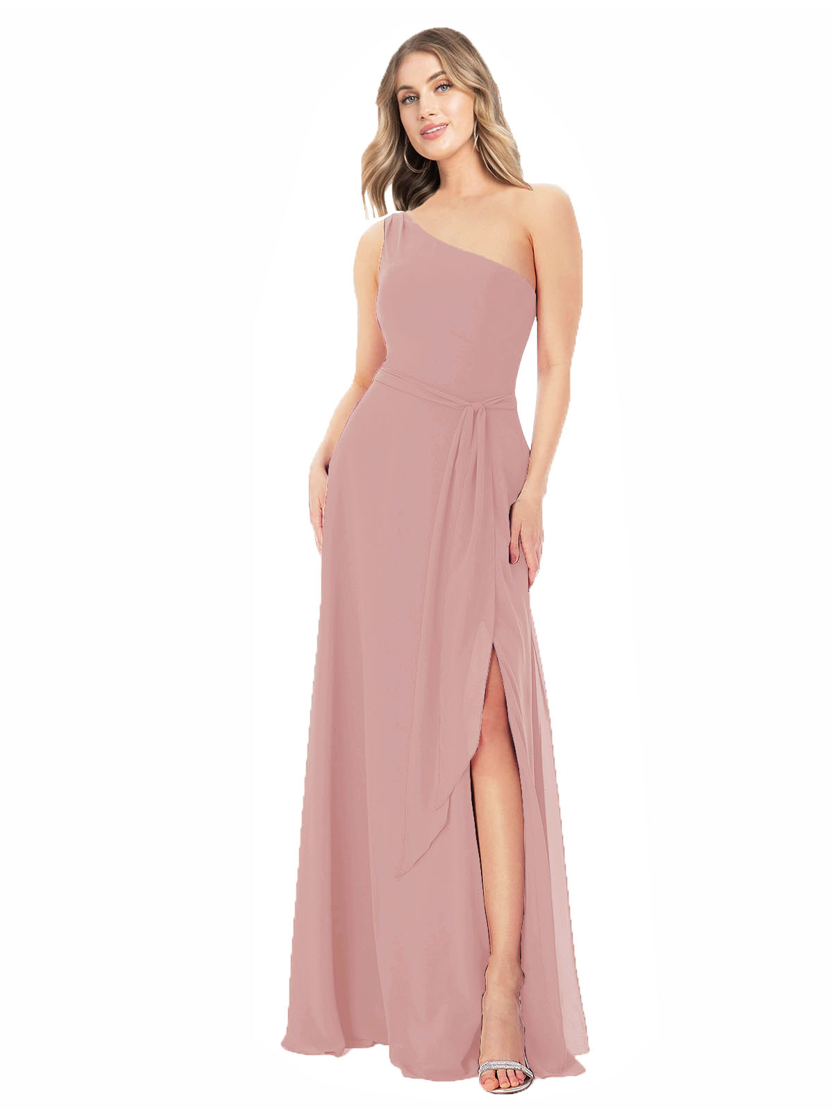 Dusty Pink A-Line One Shoulder Sleeveless Long Bridesmaid Dress Doris