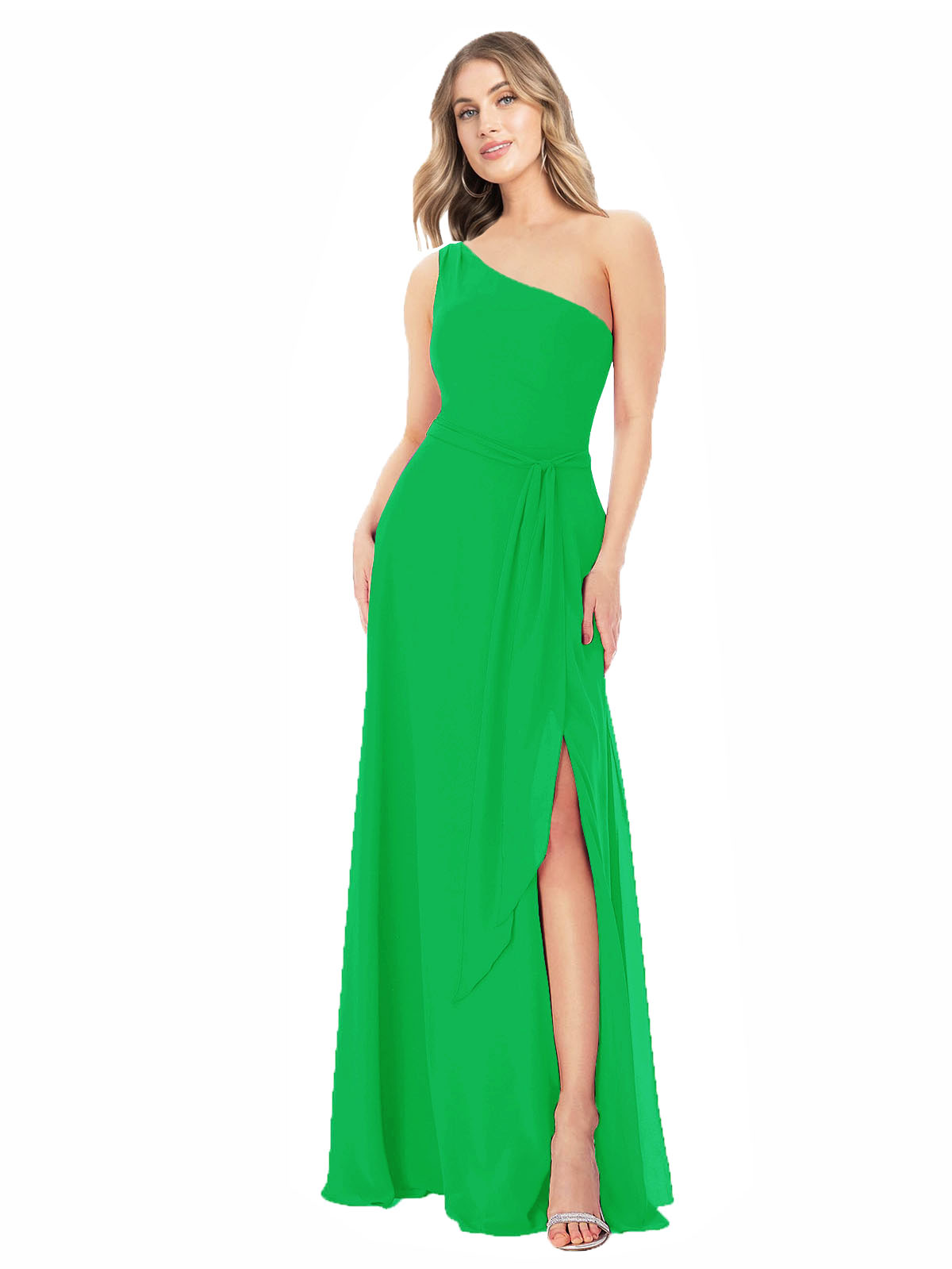 Green A-Line One Shoulder Sleeveless Long Bridesmaid Dress Doris