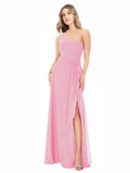 Hot Pink A-Line One Shoulder Sleeveless Long Bridesmaid Dress Doris