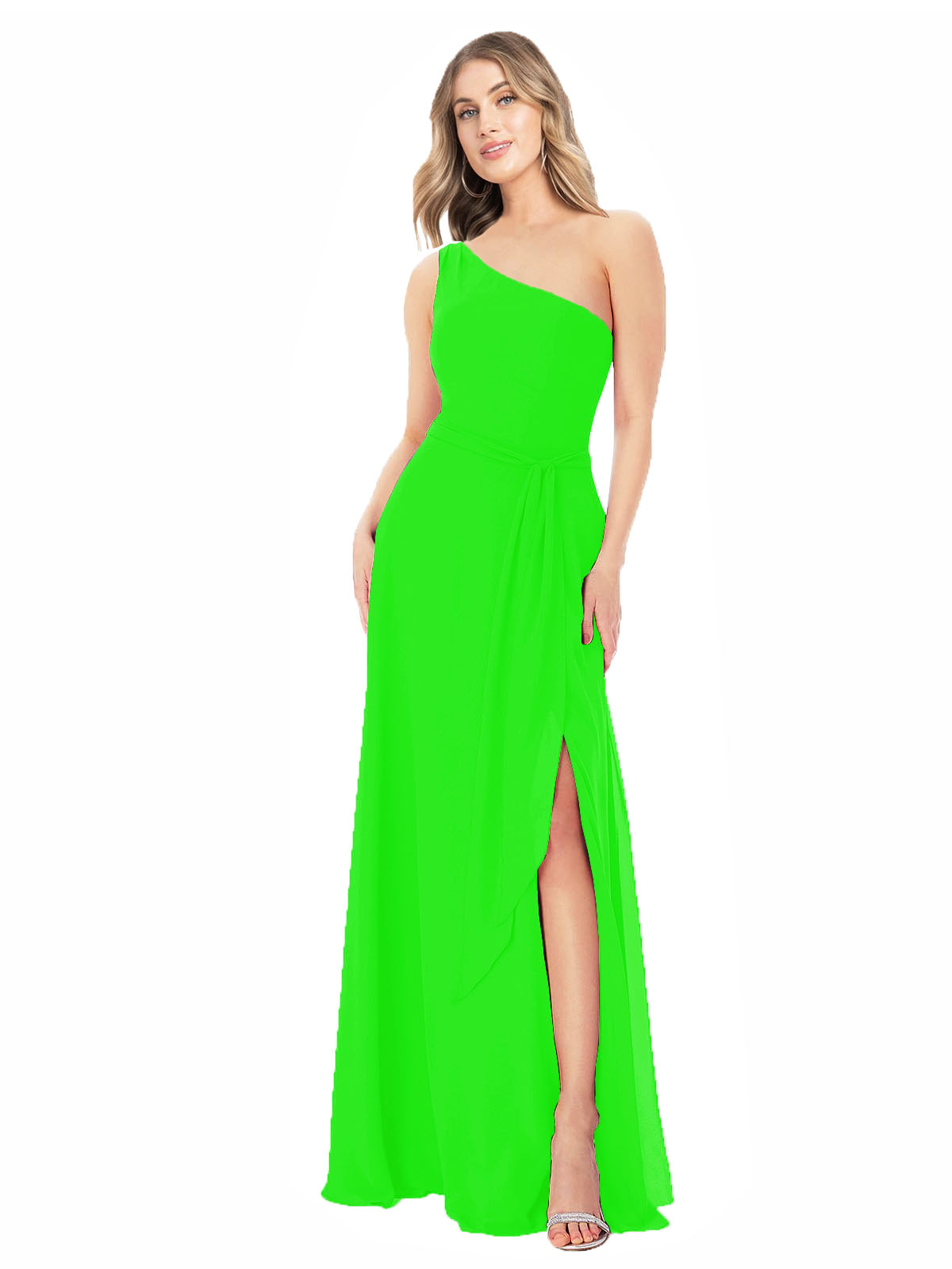 Lime Green A-Line One Shoulder Sleeveless Long Bridesmaid Dress Doris