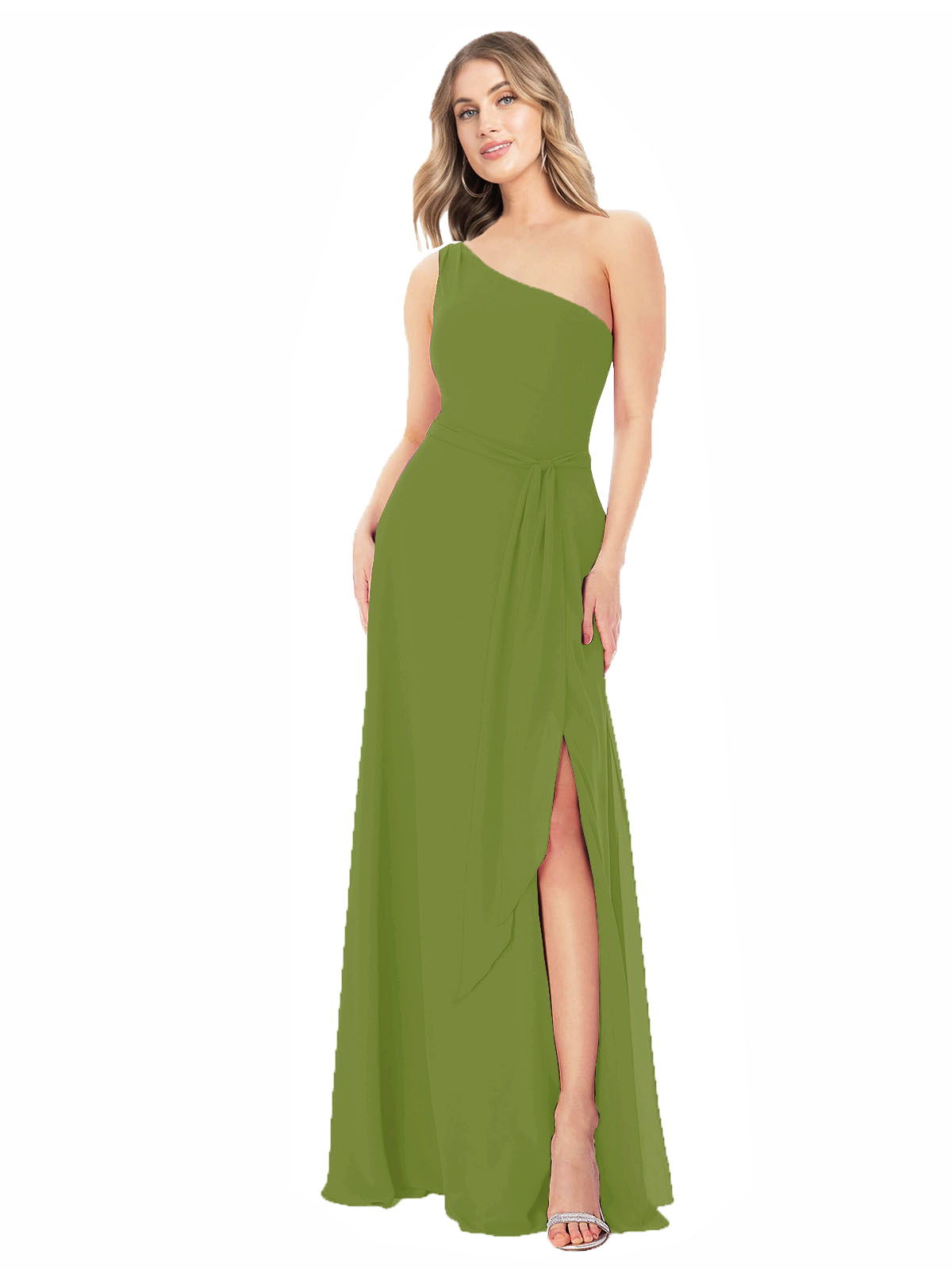 Olive Green A-Line One Shoulder Sleeveless Long Bridesmaid Dress Doris