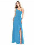 Peacock Blue A-Line One Shoulder Sleeveless Long Bridesmaid Dress Doris