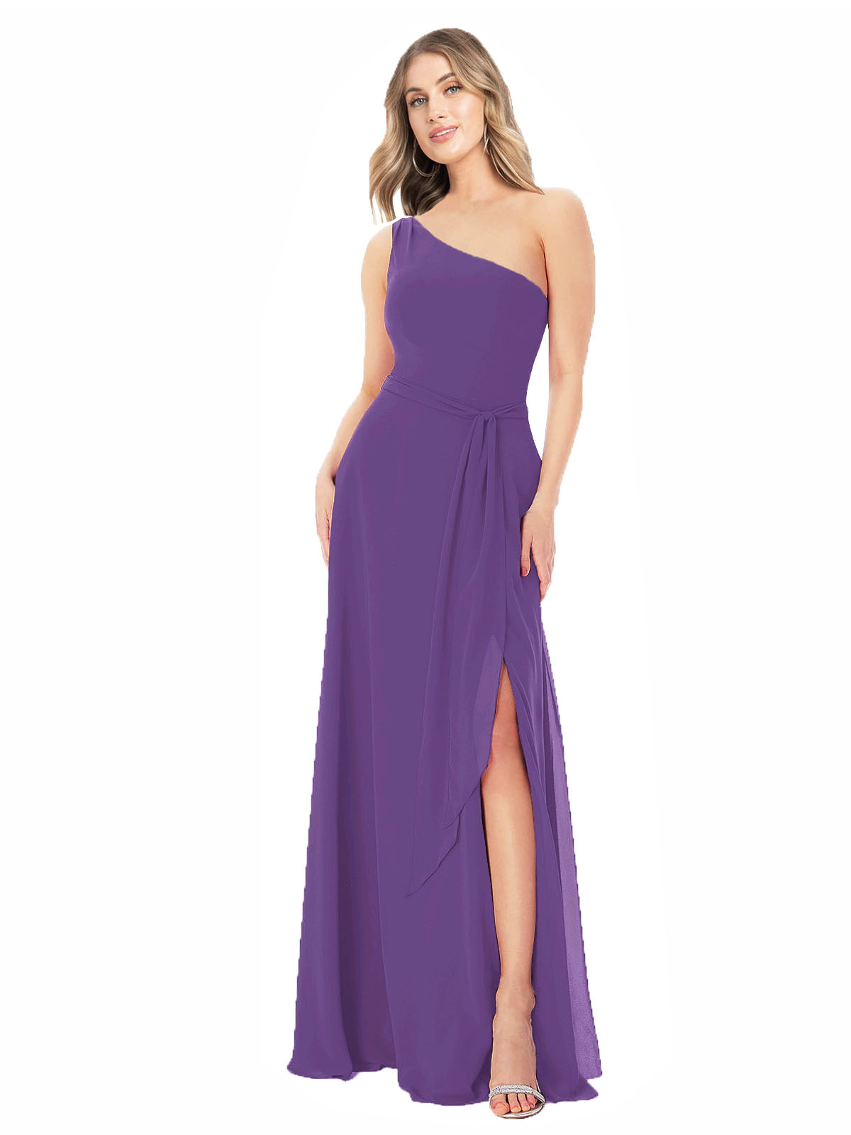 Plum Purple A-Line One Shoulder Sleeveless Long Bridesmaid Dress Doris